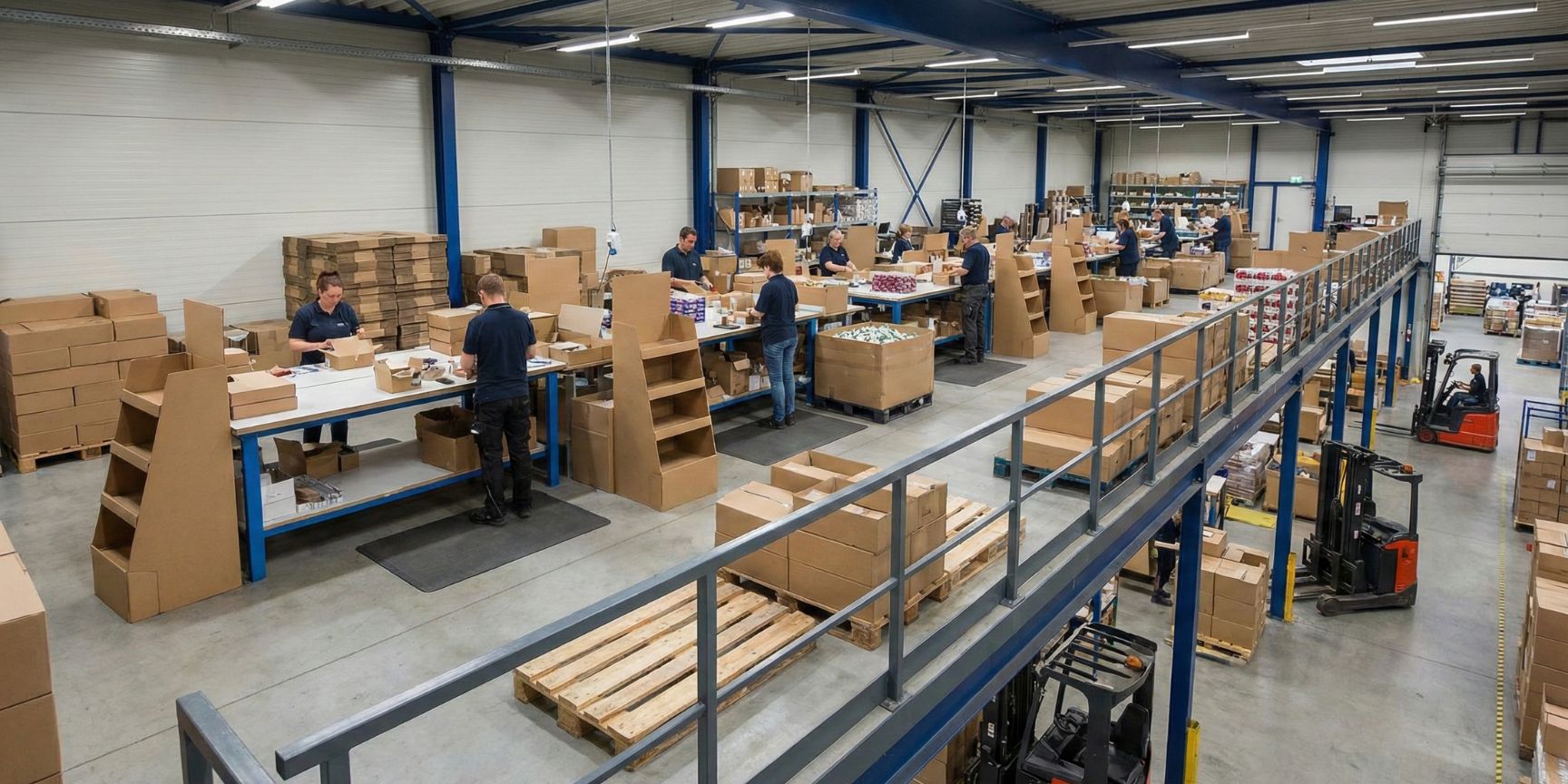 Blick auf eine geschäftige Co-Packing-Fläche auf einer Mezzanine-Ebene in einer Logistikhalle. Mitarbeiter an Arbeitstischen konfektionieren Waren und bauen Verkaufsdisplays aus Karton zusammen. Im unteren Bereich der Halle sind Gabelstapler im Einsatz